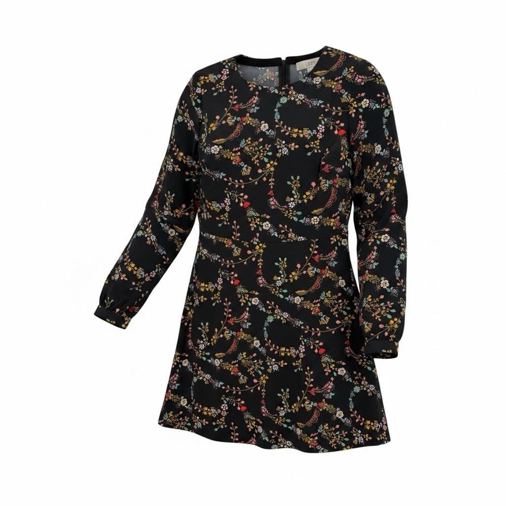 Size 6 LOFT Black Floral Long Sleeve Dress Boho Mini Casual Womens